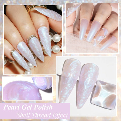 Pearl Gel Nail Polish, Glitter Drawing Mermaid Gel Polish Shell Thread Shimmer Iridescent Nail Gel Soak off Gel Polish for Salon at Home DIY Manicure
