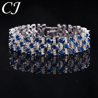 CANDICE Blue Crystal Elegant Bridal Wristband Bracelet White CZ Wedding Bangle Jewelry