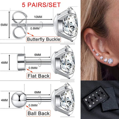5 Pairs/Set Stainless Steel Mens Womens Stud Earrings Set round Cubic Zirconia Flat Back Earrings Piercing Ear Cartilage Hypoallergenic Men'S Earrings 3-7Mm