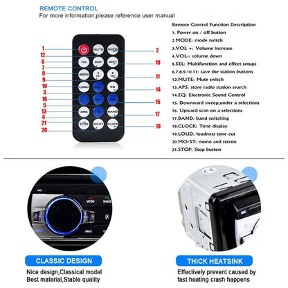 1DIN In-Dash Car Radio Stereo Remote Control Digital Bluetooth Audio Music Stereo 12V Car Radio USB/SD/AUX-IN Mp3 Player
