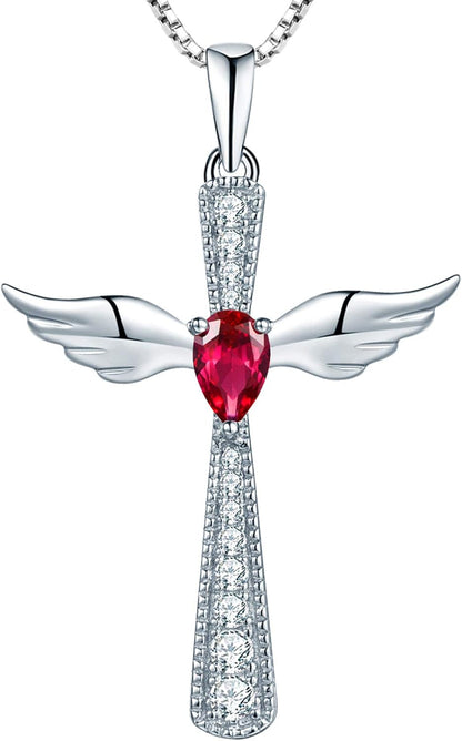 Cross Necklace 925 Sterling Silver Angel Wings Pendant Teardrop Birthstone Criss Jewelry for Women