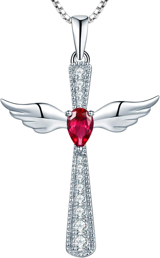 Cross Necklace 925 Sterling Silver Angel Wings Pendant Teardrop Birthstone Criss Jewelry for Women
