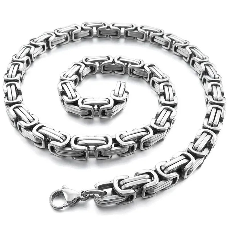 Men's 8mm Wide Stainless Steel Necklace Byzantine Chain Link Silver Tone Biker