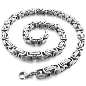Men's 8mm Wide Stainless Steel Necklace Byzantine Chain Link Silver Tone Biker