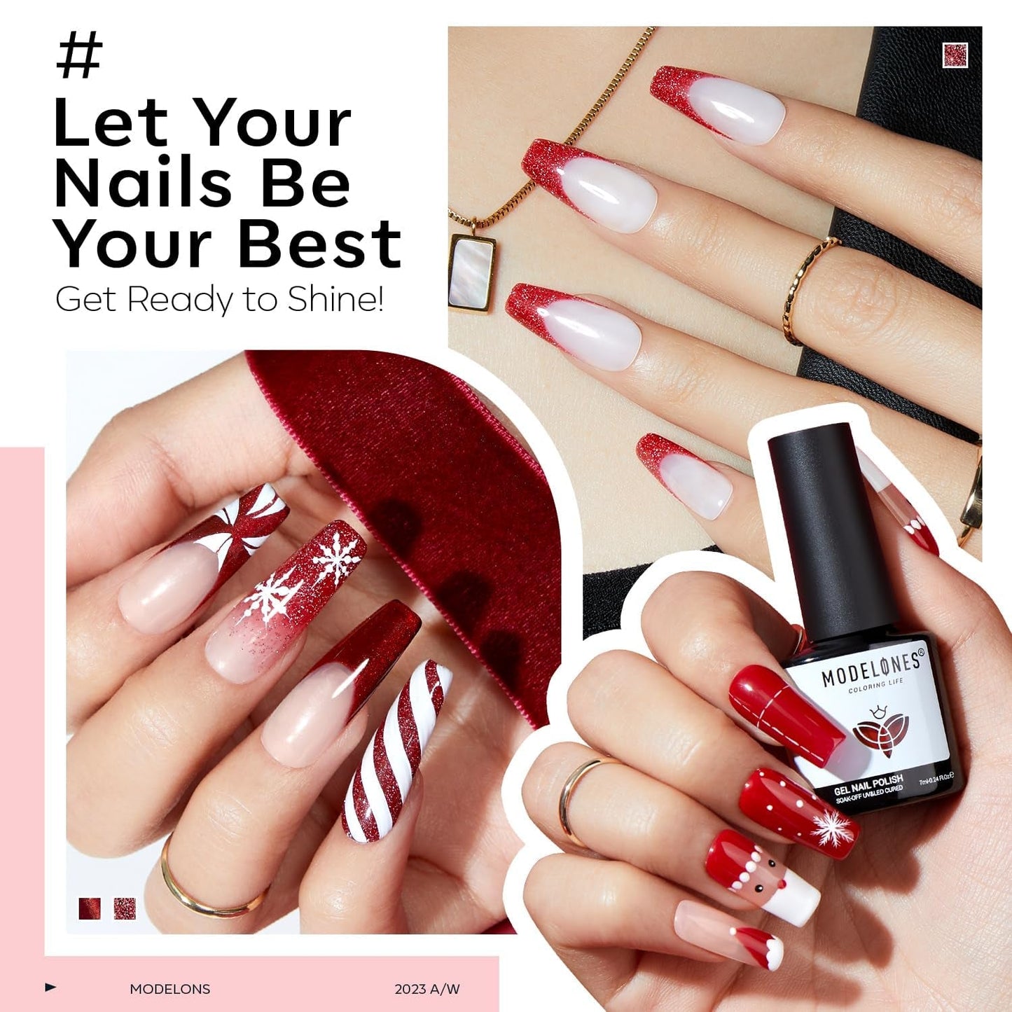 Red Gel Nail Polish Set 6 Colors, White Glitter Sparkle Bright Burgundy Dark Rose Champagne Silver Candy Cane Nail Gel Kit Soak off Nail Art Gel Design Mani Salon DIY Gift for Girls Women