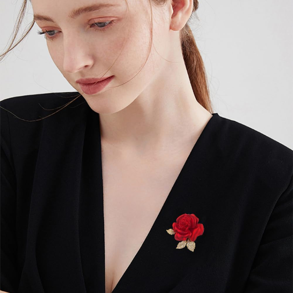 Enamel Rose Flower Brooch Pin for Women Girls Gold Plated Elegant Crystal Red Creative 3D Floral Dainty Dress Accessories Valentine Mother Birthday Jewelry