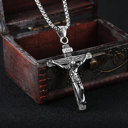 Jesus Christ on INRI Crucifix Cross Pendant Necklace for Teens Womens Mens with 24 Inch Stainless Steel Chain - WORLD TIME VISITS