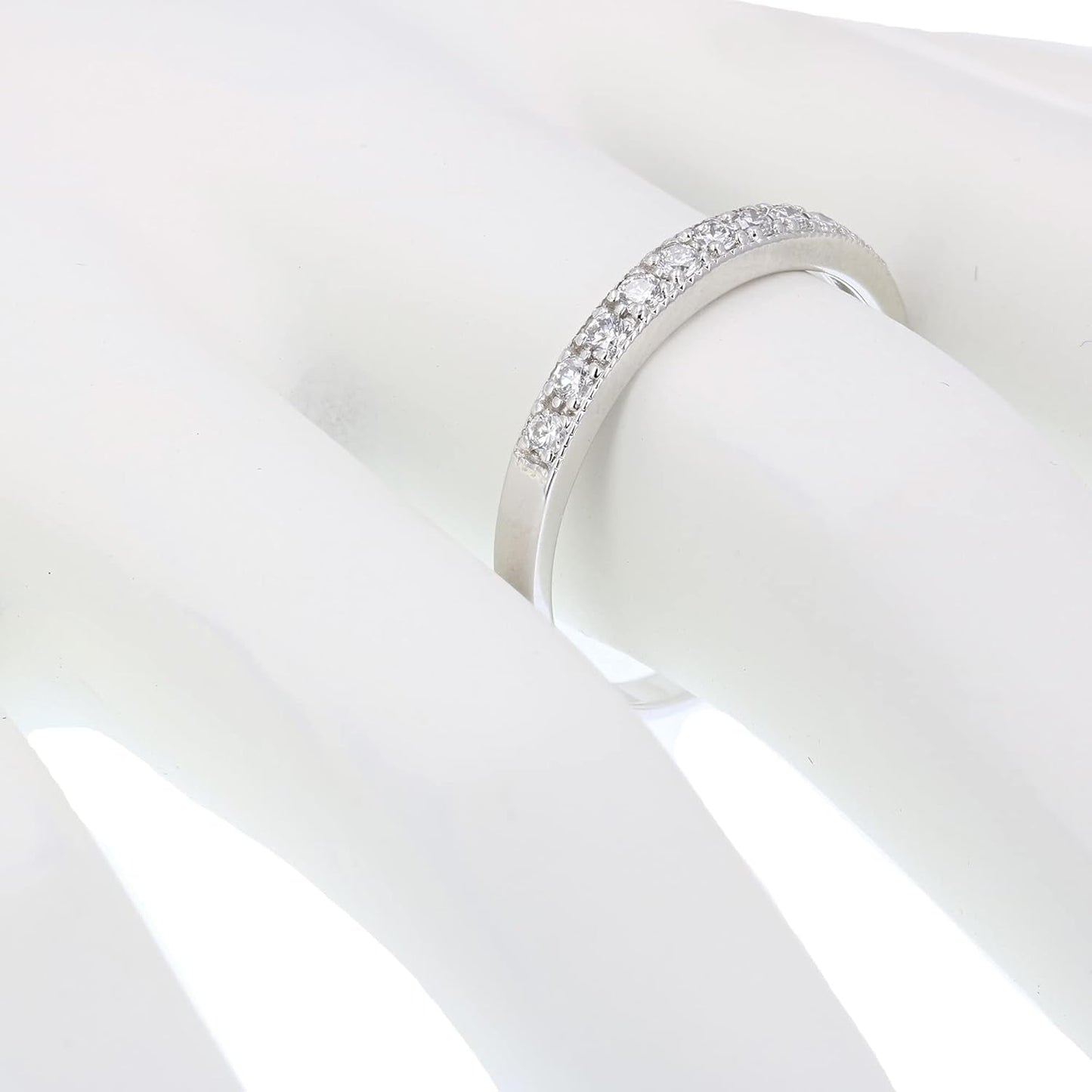 1/6 Carat (Ctw) Diamond Wedding Anniversary Band for Women, Half Eternity Petite round Diamond Engagement Ring 10K White Gold Prong Set with Milgrain 0.16 Cttw, Size 4-10