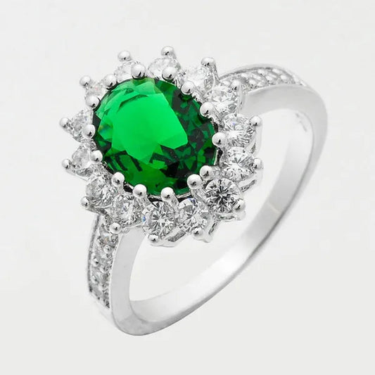Lady Jewelry 3.26Ct Emerald Diamond 14K White Gold Ring Size6-10