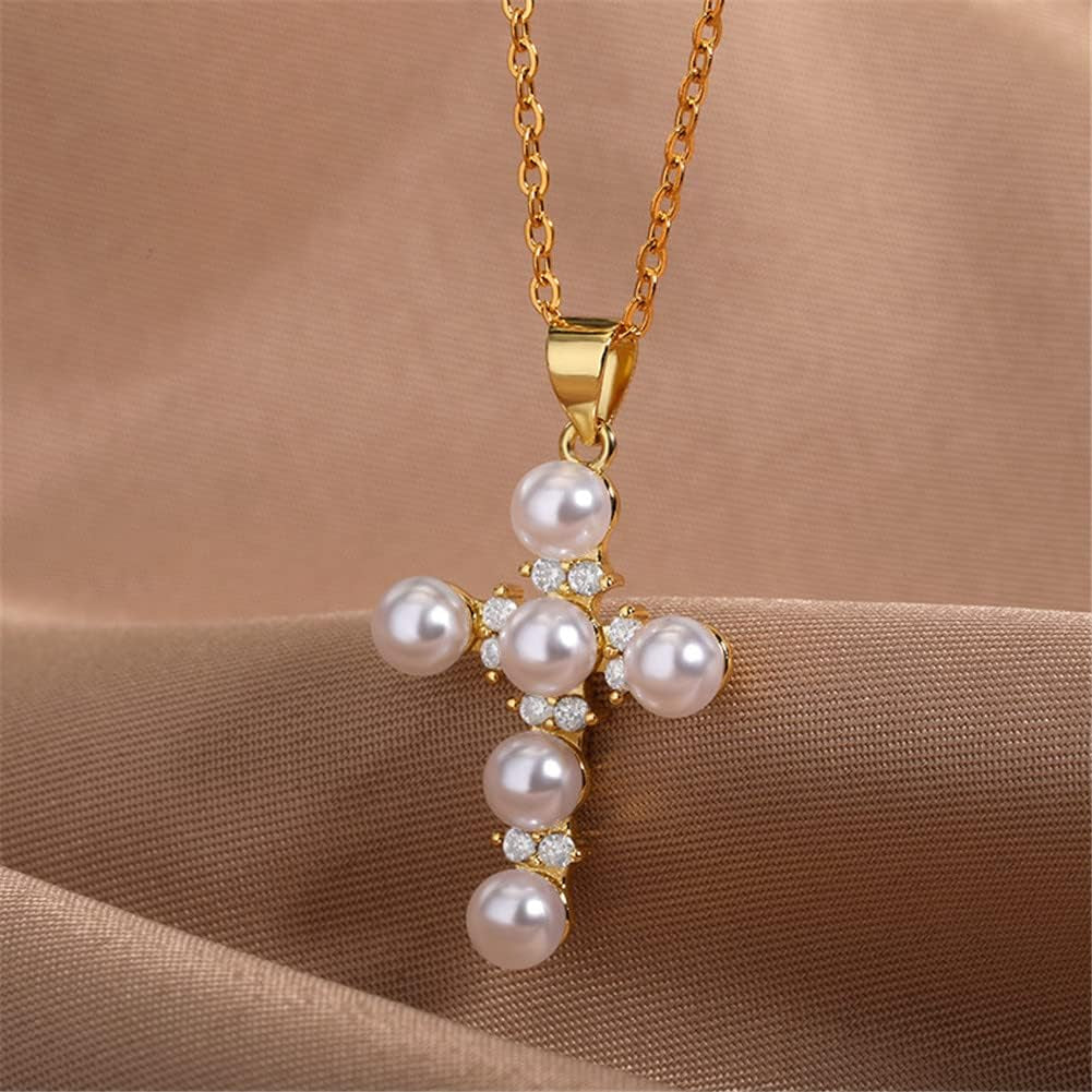 Pearl Cross Necklace Religion Faith Protection Jewelry for Women Inspirational Baptism Gifts 18K Gold Plated Chain - WORLD TIME VISITS