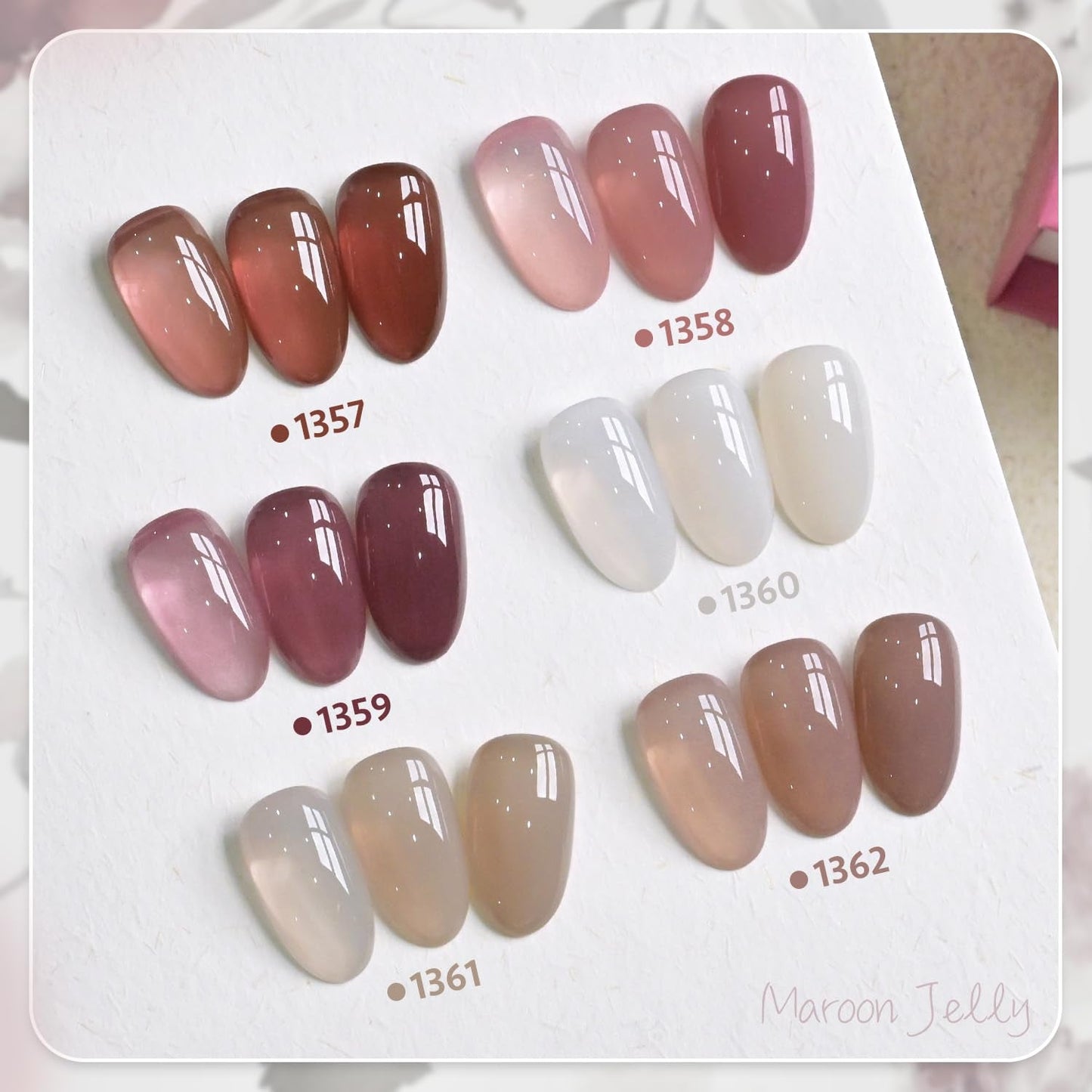 Jelly Brown White Gel Nail Polish Set, 6 Translucent Colors Sheer Pink Maroon Soak off UV Light Cure Gel Polish Kit for Salon and Nail Art DIY at Home