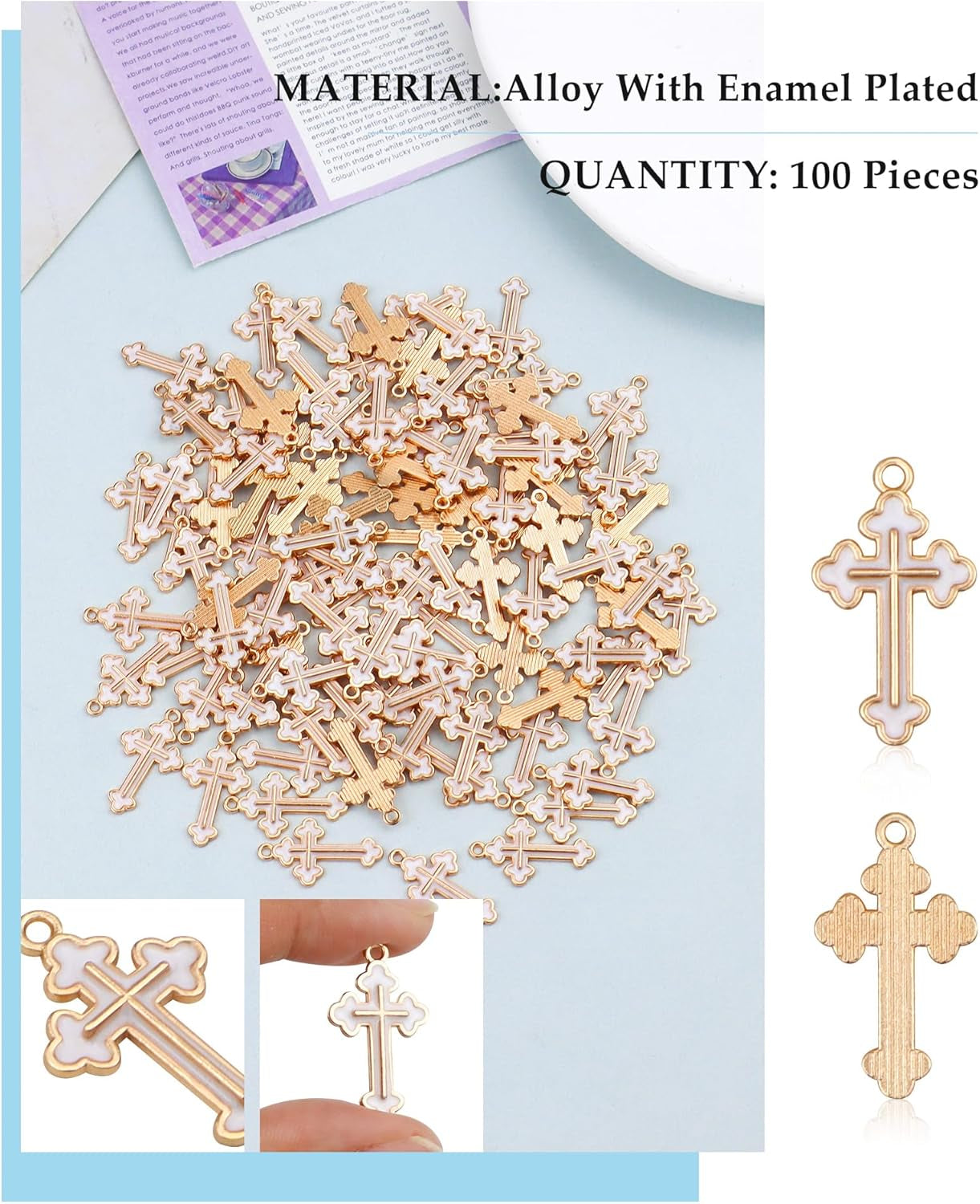 100 Pcs Alloy Enamel White Cross Pendants Gold Plate Cross Dangle Charms for Necklace Bracelet Jewelry Making DIY Crafting