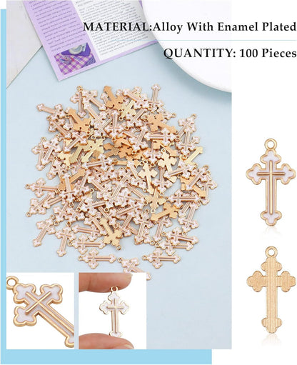 100 Pcs Alloy Enamel White Cross Pendants Gold Plate Cross Dangle Charms for Necklace Bracelet Jewelry Making DIY Crafting