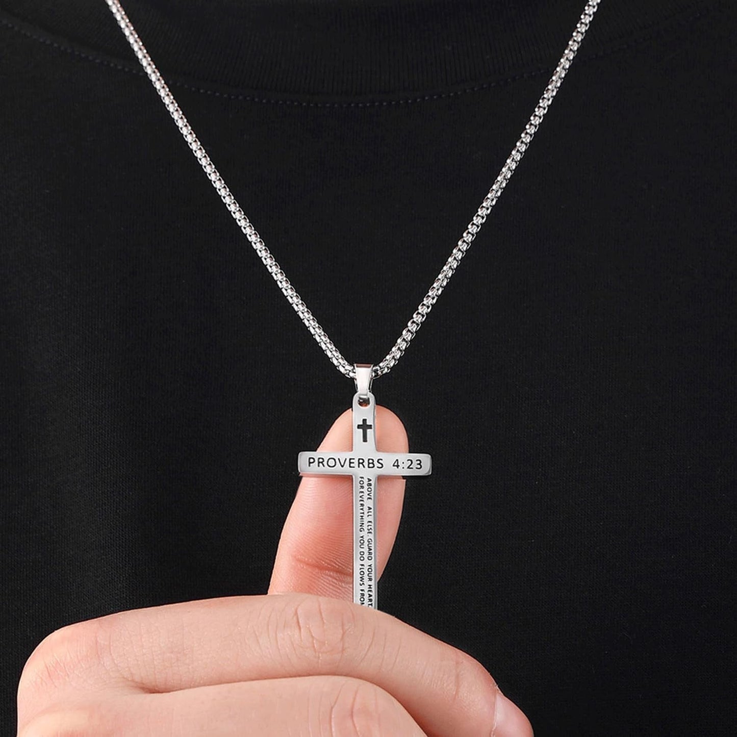 Bible Verse Cross Necklace for Men, Stainless Steel Mens Necklace, Black/Gold/Silver Tone Cross Pendant for Men