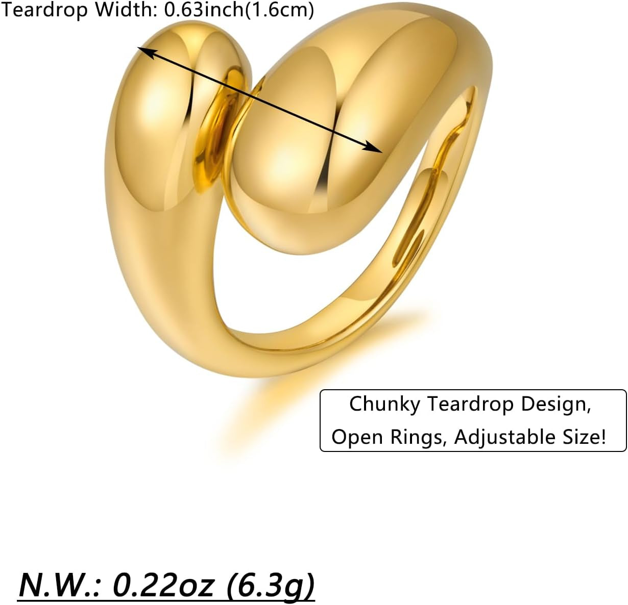 Chunky Dome Rings for Women Gold Silver Thick Teardrop Ring Adjustable Open Band Rings Waterdrop Stacking Ring Bold Statement Rings