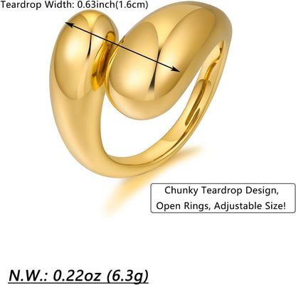 Chunky Dome Rings for Women Gold Silver Thick Teardrop Ring Adjustable Open Band Rings Waterdrop Stacking Ring Bold Statement Rings