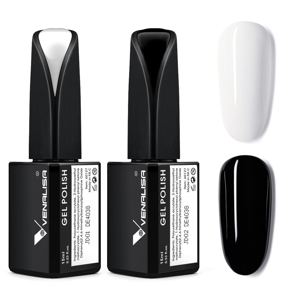 VENALISA 2Pcs 15Ml Black White Gel Nail Polish Kit, Nail Gel Polish Set Soak off UV LED Nail Art Starter Manicure Salon DIY at Home - WORLD TIME VISITS