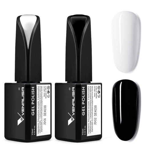 VENALISA 2Pcs 15Ml Black White Gel Nail Polish Kit, Nail Gel Polish Set Soak off UV LED Nail Art Starter Manicure Salon DIY at Home - WORLD TIME VISITS