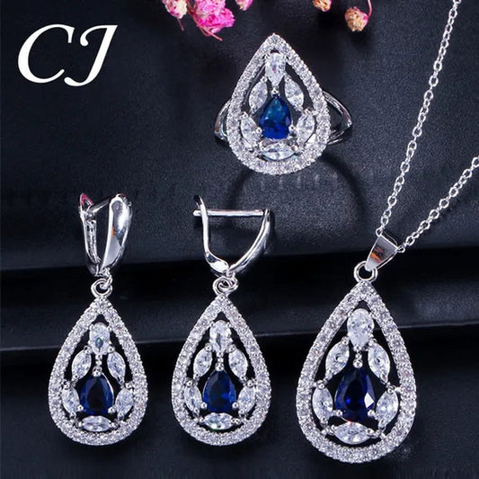 CANDICE Women's Sterling Silver Plated Jewelry Set Summer New Fashion Blue Zircon Necklace Pendant Earrings Ring（US 7-9)