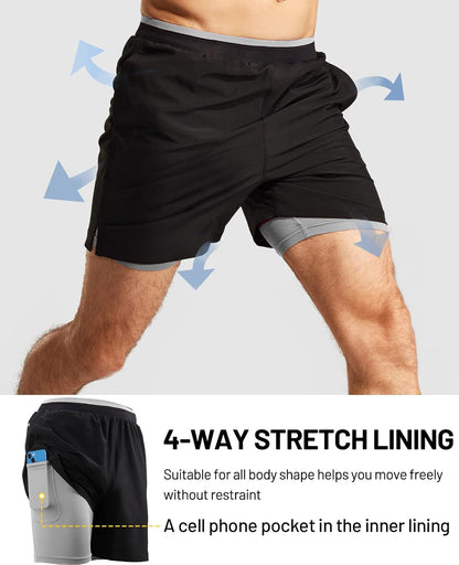 Men'S 2 in 1 Running Shorts with Liner 5" Quick Dry Gym Workout Athletic Shorts with Pockets, Lightweight, Breathable