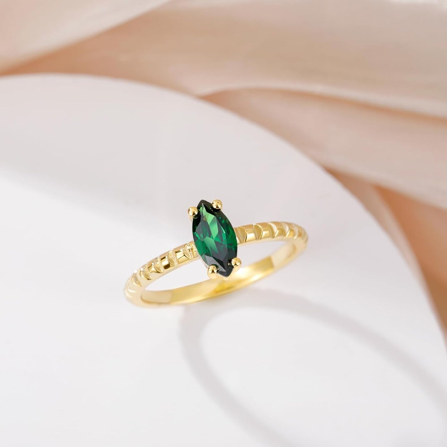14K Gold Plated Engagement Rings for Women Created Green Emerald Solitaire Emerald Oval Marquise Cut Wedding Band Promise Ring for Her Size 5-10