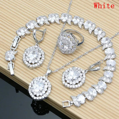 Oval 925 Silver Party Jewelry Sets blue sapphire White CZ Earrings Pendant Necklace Rings Bracelet Gift For Women