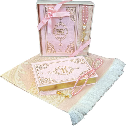 English Translate Thermo Leather Covered Quran, Tafta Prayer Mat and Beads Set |Quran Size:8X5.5X1.2 İnch/20X14X3Cm | Muslim Prayer Mat | Great Ramadan Gifts for Muslim Men,Women (Pink, 1 Sets)