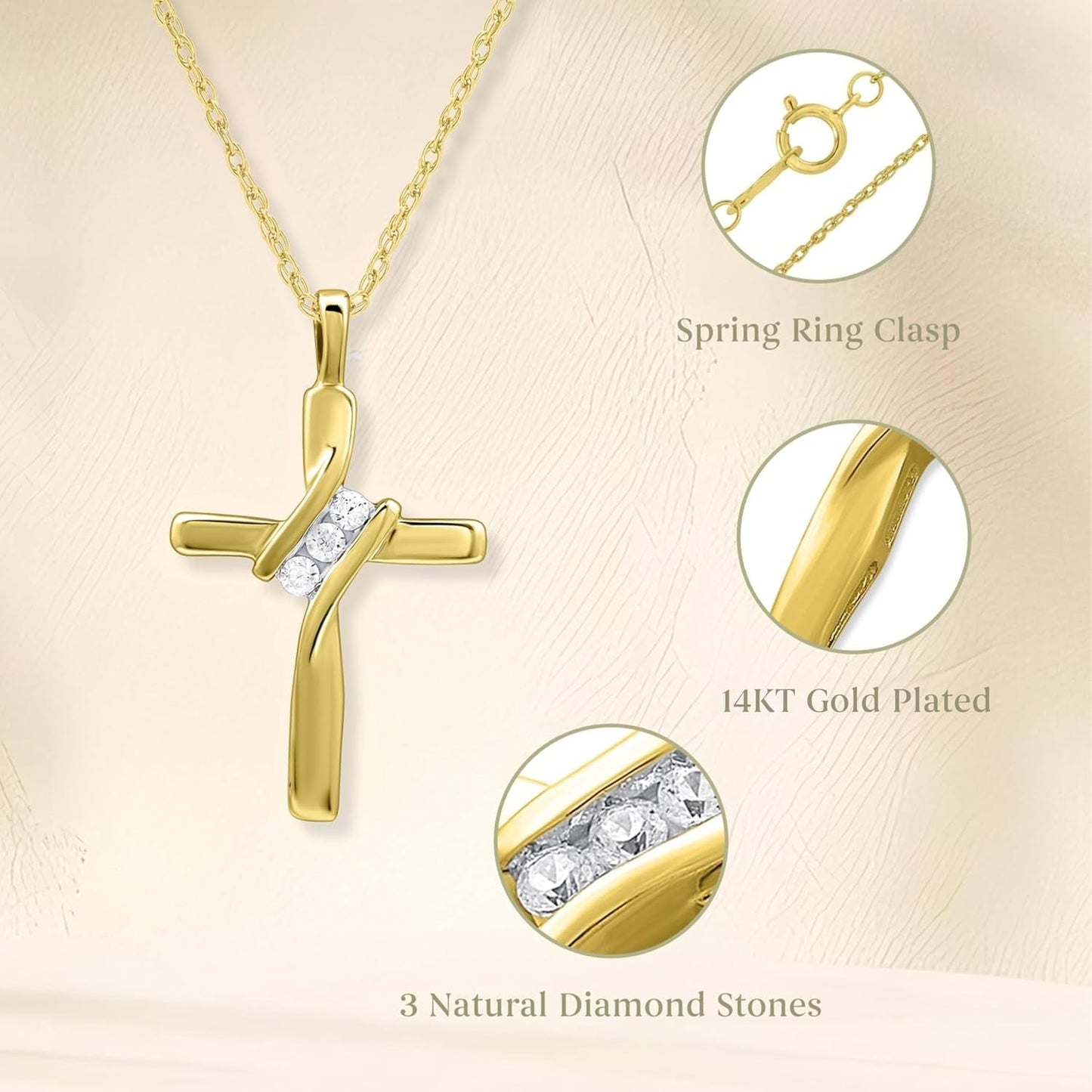 Small 14KT Yellow Gold Plated & Sterling Silver Natural Round-Cut Diamond Accent 3 Stone Cross Pendant with an 18 Inch Chain - WORLD TIME VISITS