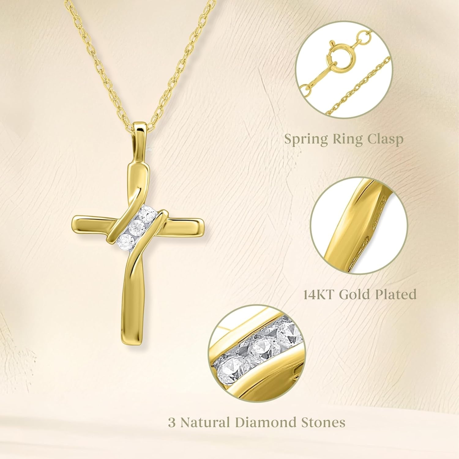 Small 14KT Yellow Gold Plated & Sterling Silver Natural Round-Cut Diamond Accent 3 Stone Cross Pendant with an 18 Inch Chain - WORLD TIME VISITS