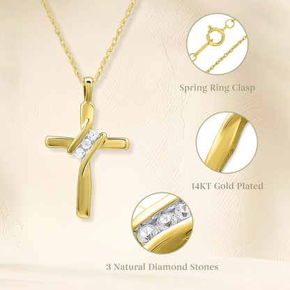 Small 14KT Yellow Gold Plated & Sterling Silver Natural Round-Cut Diamond Accent 3 Stone Cross Pendant with an 18 Inch Chain - WORLD TIME VISITS