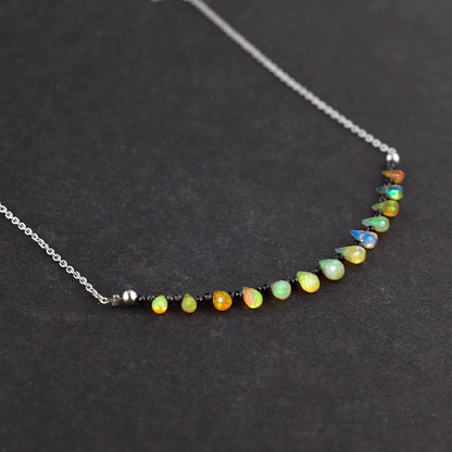 Fire Opal & Black Spinel Necklace for Women Birthstone Natural Gemstone Beads Dainty Designer Jewelry Chakra Energy Healing Crystals 925 Sterling Silver Chain 18 Inch
