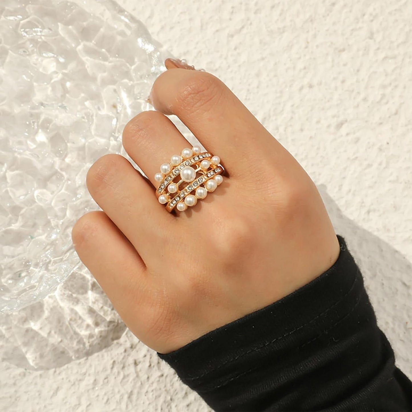 Pearl Rings for Women - Freshwater Gold Pearl Stackable Beaded Open Adjustable Boho Vintage Thumb Midi Pinky Knuckle Rings - Christmas Jewelry Gifts