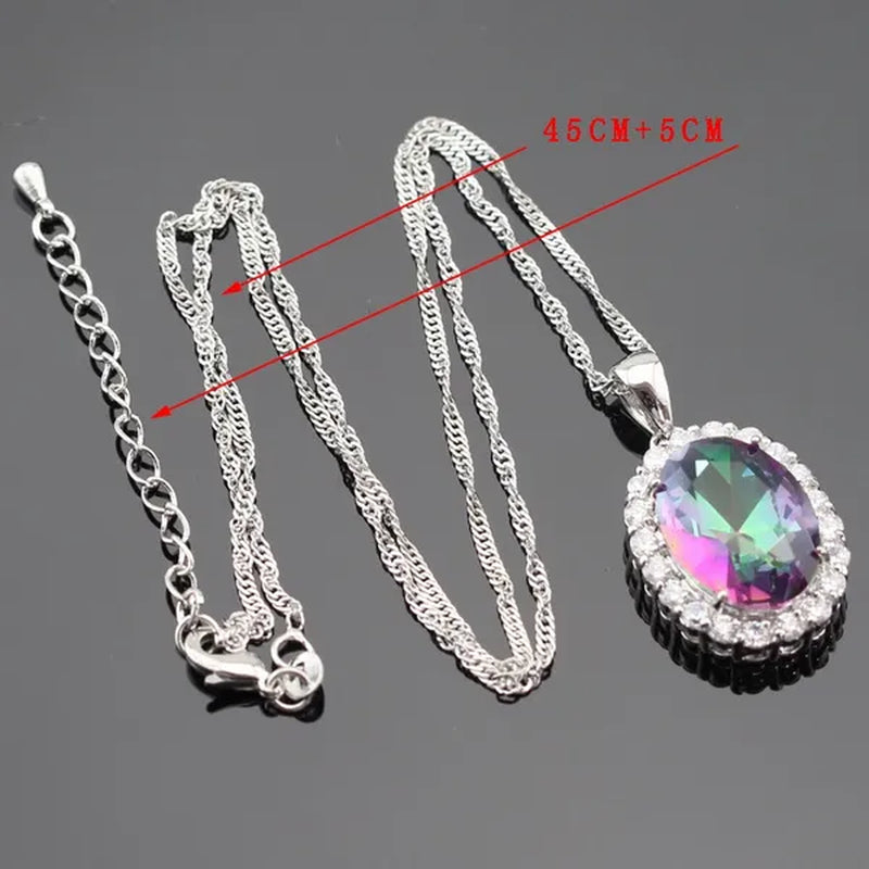 Huge round 925 Sterling Silver Jewelry Sets Multicolor Rainbow Topaz White Topaz Necklace Pendant Drop Earrings Ring for Women Free Gift Box