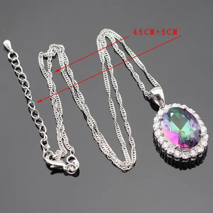 Huge round 925 Sterling Silver Jewelry Sets Multicolor Rainbow Topaz White Topaz Necklace Pendant Drop Earrings Ring for Women Free Gift Box