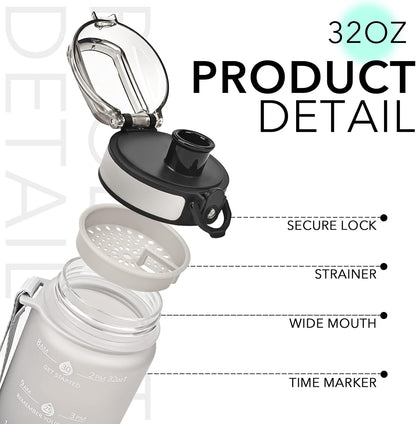 32Oz Motivational Water Bottles with Time Marker and Fruit Strainer, Sports Water Bottle with Times to Drink, Leakproof, Reusable Plastic Bottle with Strap No Straw for Gym, School
