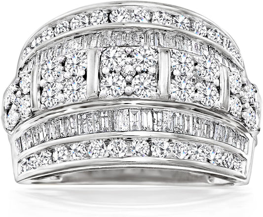 2.00 Ct. T.W. Baguette and round Diamond Multi-Row Ring in Sterling Silver - WORLD TIME VISITS