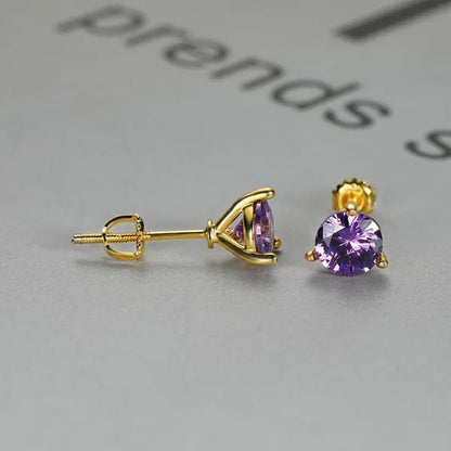 Chic 18K Gold Three-Prong Martini Round Amethyst Stud Earrings Bride Wedding Engagement Jewelry Gifts 6mm/7mm/8mm