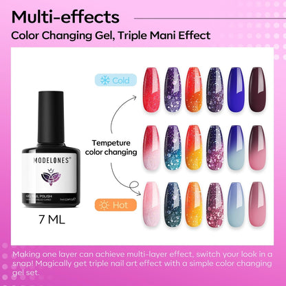 Color Changing Gel Nail Polish Set, 6 Colors Red Pink Glitter Blue Purple Mood Temperature Change Nail Polish Gel Set Soak off Nail Art Gel DIY Salon Manicure Gift