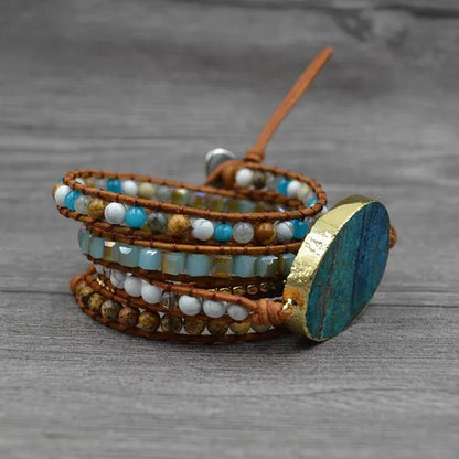 Vintage Boho Handmade Turquoise Charm Natural Stone Beads Bracelets Adjustable Wrap Leather Bracelet Jewelry