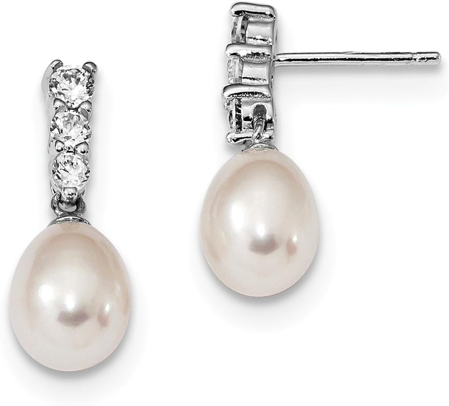Solid 925 Sterling Silver RH 7-8Mm White FWC Simulated Pearl CZ Cubic Zirconia Post Earrings - WORLD TIME VISITS