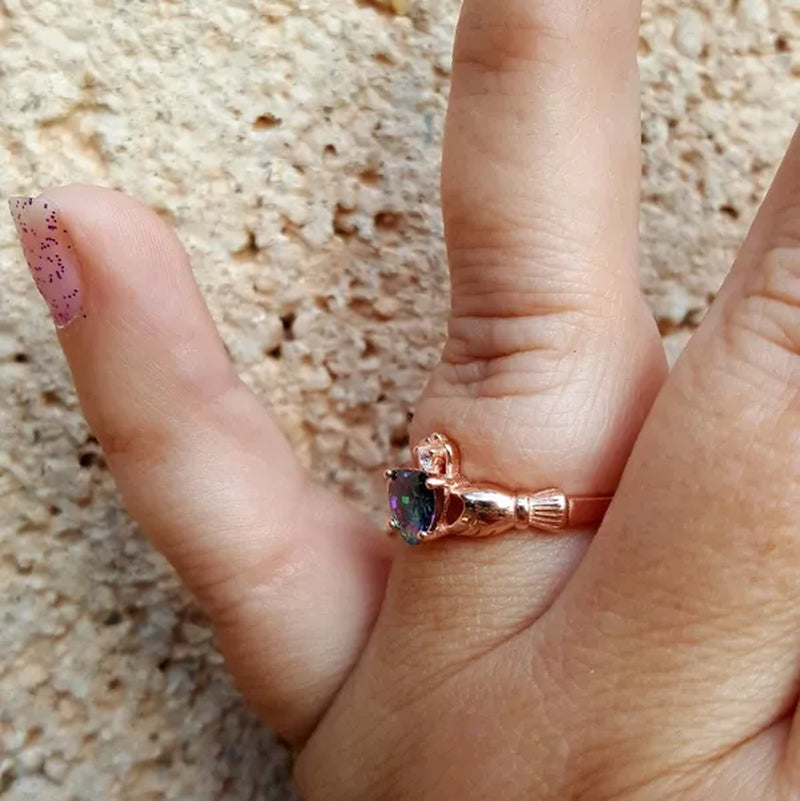 .925 Sterling Silver Rose Gold Rainbow Mystic Topaz Claddagh Ladies Ring Size 4-10 Midi Knuckle