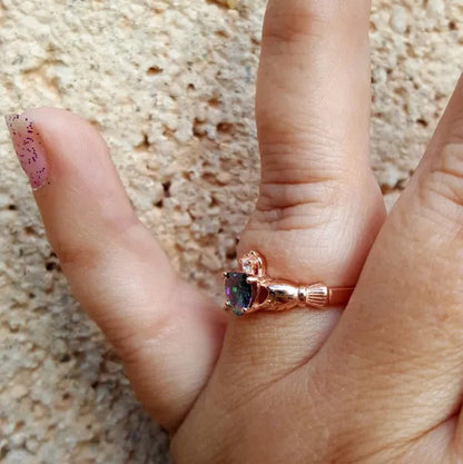 .925 Sterling Silver Rose Gold Rainbow Mystic Topaz Claddagh Ladies Ring Size 4-10 Midi Knuckle