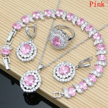 Oval 925 Silver Party Jewelry Sets blue sapphire White CZ Earrings Pendant Necklace Rings Bracelet Gift For Women