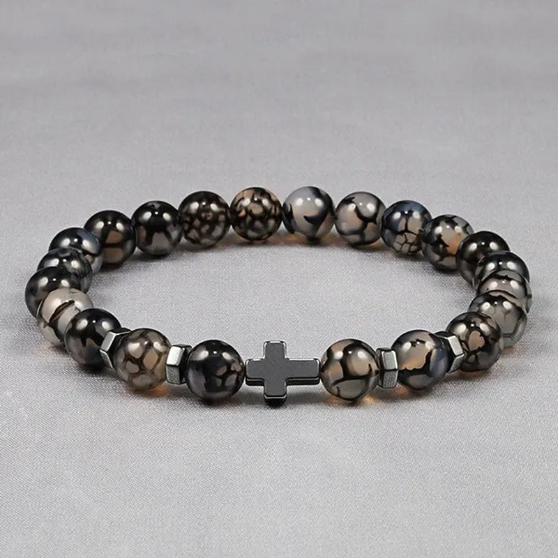 Hot Men Natural Tiger Eye Beads Hematite Cross Bracelets Onyx Meditation Prayer Bead Bracelet Women Stone Yoga Jewelry Homme
