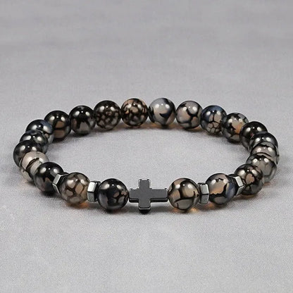 Hot Men Natural Tiger Eye Beads Hematite Cross Bracelets Onyx Meditation Prayer Bead Bracelet Women Stone Yoga Jewelry Homme