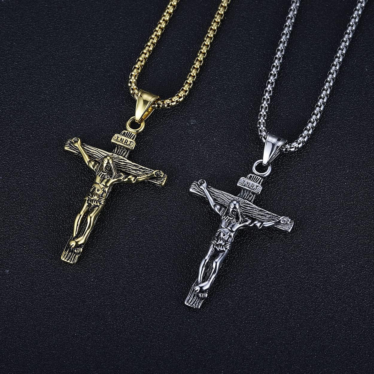 Jesus Christ on INRI Crucifix Cross Pendant Necklace for Teens Womens Mens with 24 Inch Stainless Steel Chain