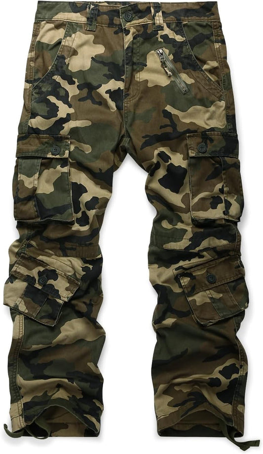 Men'S Cotton Casual Cargo Work Pants Baggy Camo Tactical Combat Trousers with 8 Pockets (No Belt)