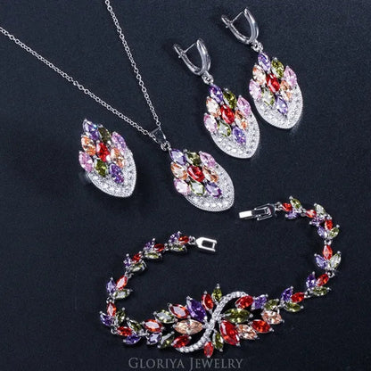 Gloriya Latest Fashion Women Christmas Party Silver Plated Jewelry Set Multicolor CZ Crystal Ring Earrings Bracelet Necklace 4 Pcs Jewelry Sets