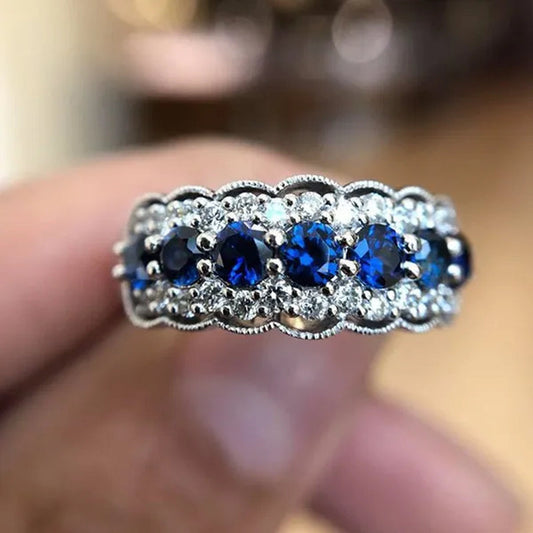 Dazzling Blue Crystal Zircon Ring Bride Engagement Wedding Band Size 5 - 11