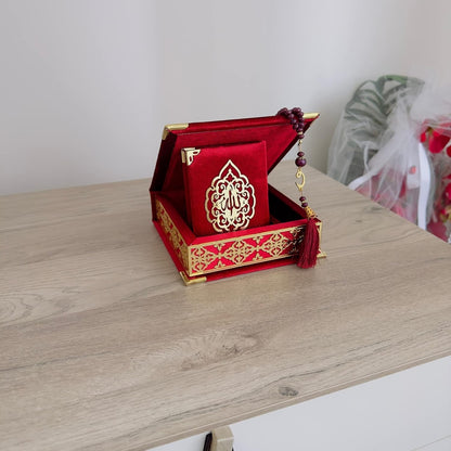 Velvet Covered Quran Tasbeeh Islamic Gift Set, Holy Quran Prayer Beads Wooden Gift Box, Islamic Birthday, Wedding, Graduation, Eid, Ramadan Gift Favor (Claret Red)